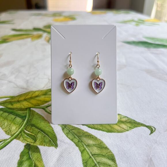 Kawaii Butterfly Heart Earrings, Mint Colored Earrings, Cute Fun Bug Earrings - Picture 1 of 8